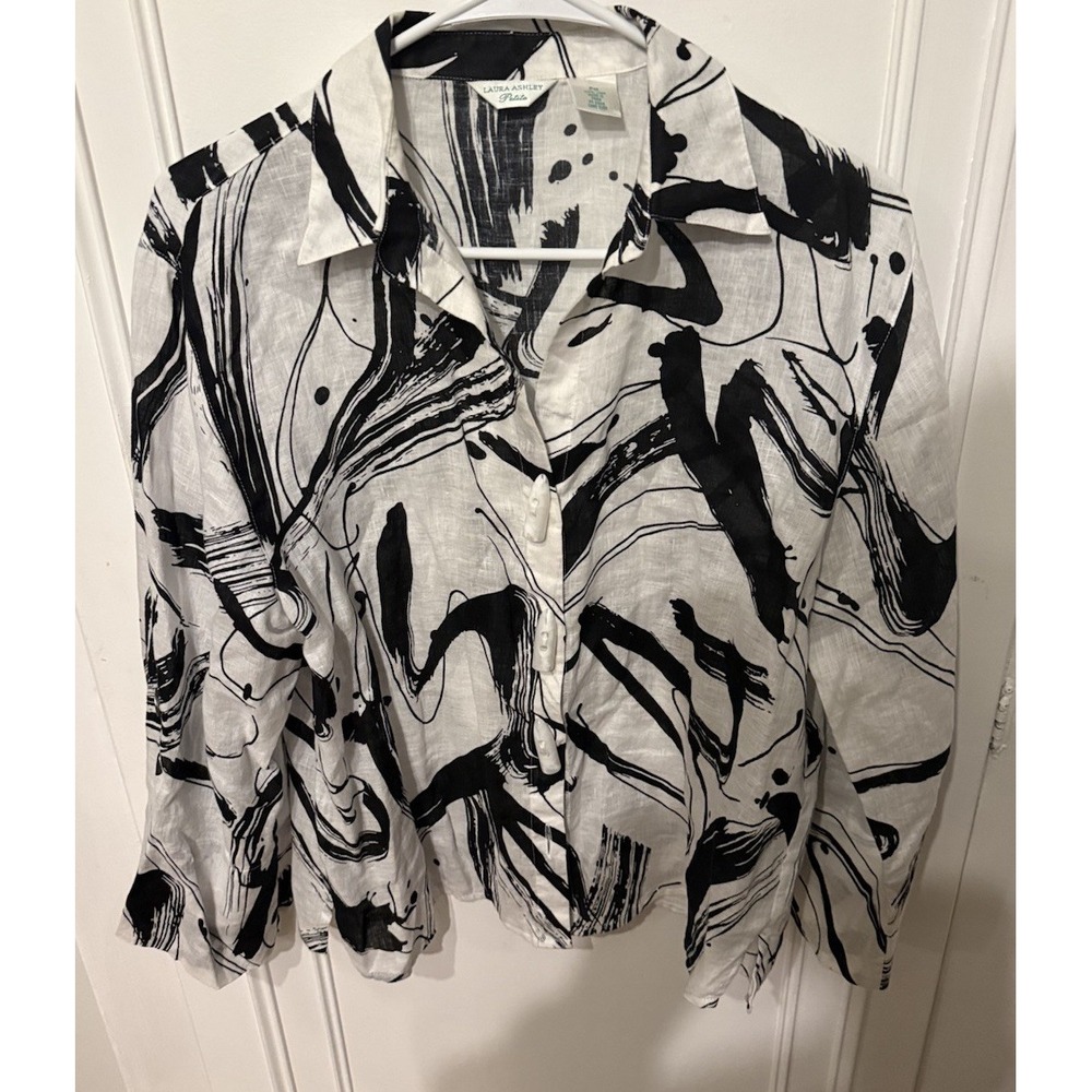 Laura Ashley Linen Blouse Petite Medium Black & White